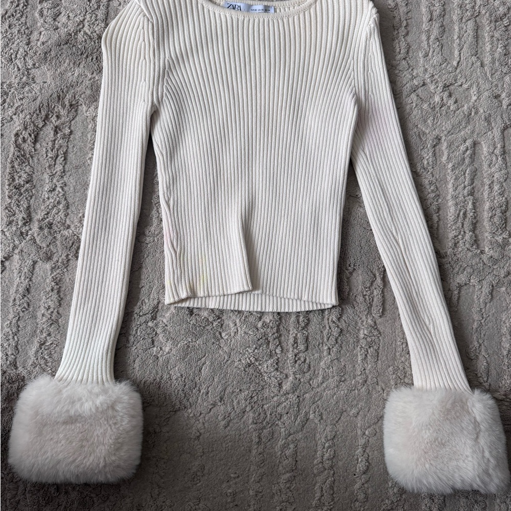 Cream Ribbed Sweater with Faux Fur Cuffs